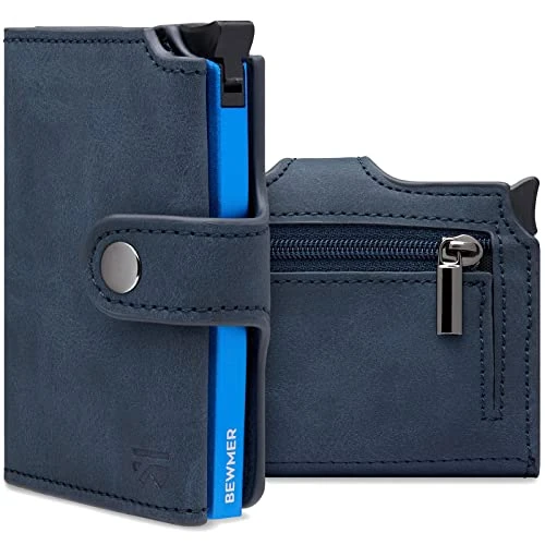 BEWMER v2 Kartenetui mit RFID-Schutz & Anti-Cloning - Damen & Herren Geldbörse mit Münzfach & Platz für 9 Kreditkarten | Kunstleder Portemonnaie Herren & Damen mit Clipverschluss | Dunkelblau-Blau