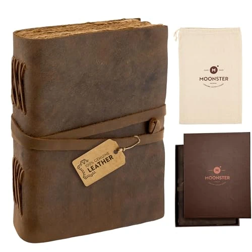 Oferta limitowana: moonster Notatnik Skórzany [18x13cm] z Prawdziwej Skóry – Ręcznie Robiony Pamiętnik Vintage 240 Stron, Gruby Papier Bawełniany 125 g/m², Idealny jako Szkicownik i Dziennik Podróży z 149.95 zł na 149.95 zł (oszczędź 0.00%)