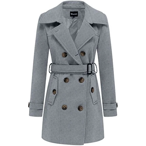 Wantdo Cappotto Doppiopetto Misto Lana Parka Classica Media Lunghezza Giubbotto Antivento Invernale Caldo Giacca Slim Fit con Cintura Vintage Donna Grigio-N 44