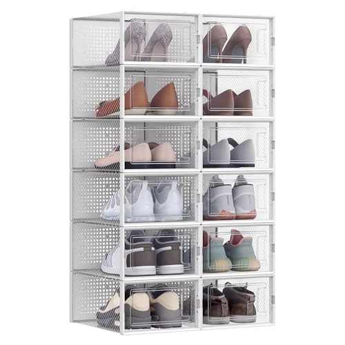 SONGMICS Scatole per Scarpe, Pacco da 12 Contenitori per Scarpe, Organizzatori Pieghevoli e Impilabili, Fino a Taglia 44, Trasparente e Bianco LSP12SWT