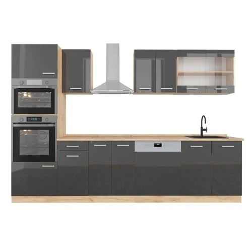 Zeitlich begrenztes Angebot: Vicco Küchenzeile R-Line, Anthrazit Hochglanz/Goldkraft Eiche, 300 cm von 855.90 € auf 855.90 € (0.00% Rabatt)