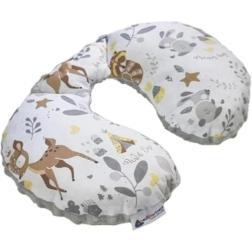 Medi Partners Nackenkissen Kinder Nackenhörnchen Auto Flugzeug Baby - 100% Baumwolle/Minky Nackenstütze Kopfstütze Kindersitz Autositz Nackenrolle Kissen (Reh mit grauem Minky)