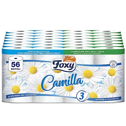 Foxy Camilla Toilettenpapier 3-lagig Kamille Duft | 56 Rollen | 160 Blatt pro Rolle | 100% PEFC zertifiziert | Verpackung 100% recycelbar, 280008260001498, Weiß