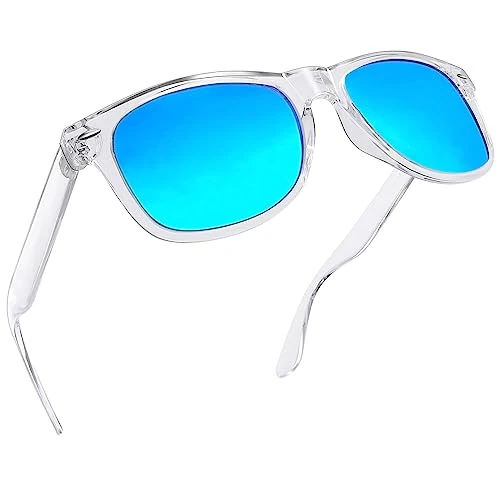 Offerta a tempo: Joopin Occhiali da Sole a Specchio Donna Uomo Polarizzati Classici Quadrati UV400 Protezione per Guida Pesca Guidare Golf Retrò Anni 80 Design Sunglasses (Lente Blu/Montatura Trasparente) - 24% da 21.99 € a 16.71 €