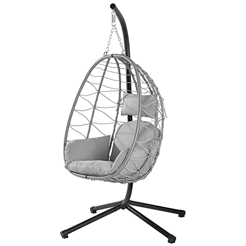 Tijdelijke aanbieding: Bakaji Hangstoel voor de tuin, schommelstoel, hangmat voor buiten, frame van metaal, nest van rotan en touw + gewatteerd zitkussen en hoofdsteun, 198 x 110 x 95 cm, grijs van 200.72 € naar 200.72 € (0.00% korting)