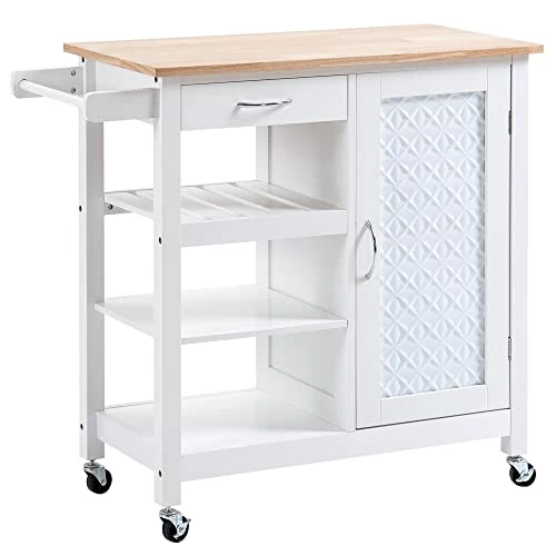 HOMCOM Carro de Cocina con Ruedas Carrito de Servicio con Cajón Armario Balda Interior Ajustable y 3 Estantes Abiertos para Comedor Restaurante 92x40x84 cm Blanco