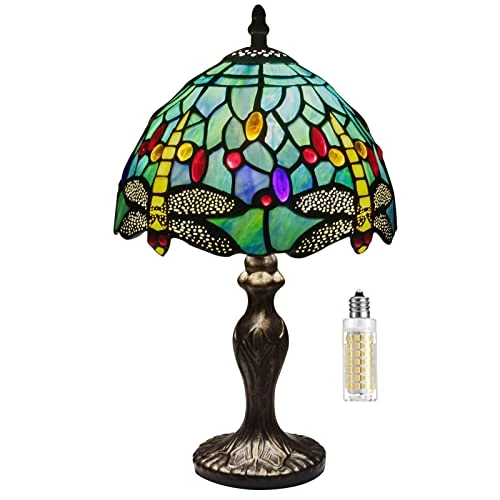 MIAOKE Lampe Stained Glass Lamp Vintage - Style Fleur Vitrail, Art Déco Convient pour chambre à coucher, lampe de chevet, bureau, étude - Ampoule E27 Non Fournie (Vert Libellule)