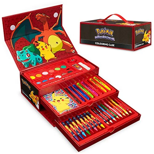 Pokemon Valigetta Colori per Bambini Viaggio Accessori D'arte con Matite Colorate Pastelli a Cera Pennarelli Acquerelli Pikachu Regalo Bambino (Nero/Rosso)