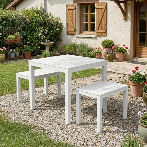 Oferta limitada: KG KITGARDEN - Conjunto de Jardín Exterior, 2 Bancos y 1 Mesa, Blanco Imitación Madera, Set Papua de 94.95 € a 94.95 € (ahorro 0.00%)