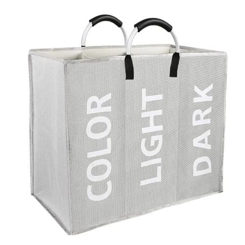 Offerta a tempo: Vegena Cesto Portabiancheria, Cesto Biancheria Sporca con 3 Scomparti, Grande Porta Biancheria Sporca Oxford con 2 Alluminio Manico, Pieghevole Cesta Portabiancheria, 60x32x49cm, Grigio Chiaro - 46% da 16.88 € a 9.11 €
