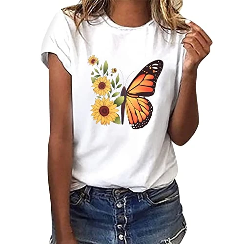 Offerta a tempo: heekpek T Shirt Donna Manica Corta Bianca Cotone Maglietta Manica Corta Donna Casual Girocollo Stampa Estiva Base Tee Bluse, Girasole, L - 10% da 14.99 € a 13.53 €