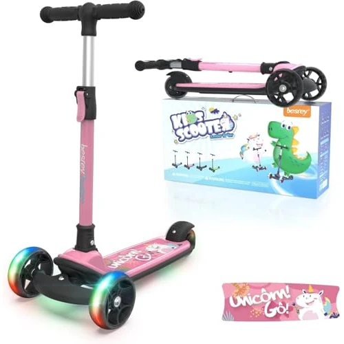 Offerta a tempo: besrey Monopattino Bambina da 3-10 anni con Ruote LED Multicolore, Monopattino 3 Ruote Bambina Pieghevole, Regolabile in 4 Altezze, Unicorno rosa - 0.00% da 79.99 € a 79.99 €