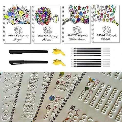 Groove Calligraphy Cahiers réutilisables, 4 livres A4 avec Scanalures Premium, alphabeto, numéros, déegni+2 stylos Magche+10 Recharges avec encre à compartiment + 2 correcteurs de posture des Dita