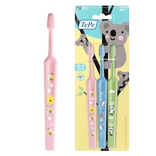 TePe Mini Toothbrush, Extra Soft, 3pcs, Kids Toothbrush, Extra Soft bristles for Gentle Cleaning, from First Tooth Until 6 yrs
