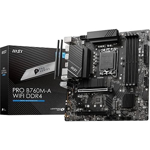 MSI PRO B760M-A WIFI DDR4 Motherboard, Micro-ATX - Supports Intel 14th, 13th & 12th Gen Core Processors, LGA 1700 - DDR4 Memory Boost 5333+MHz/OC, PCIe 4.0 x16, M.2 Gen4 Slots, 2.5G LAN, Wi-Fi 6E