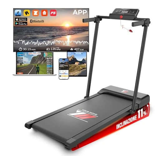 YM Tapis de Course Electrique Pliable, 10 km/h, Surface de Course Extra Large (42 cm), Application KINOMAP & ZWIFT, Mod. Next 1000 Noir, Cadre Renforcé, Economiseur d'Espace, 12 Programmes, Ecran LCD