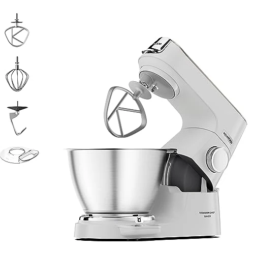 Offerta a tempo: Kenwood Titanium Chef Baker KVC65.001WH, Impastatrice Planetaria con Bilancia Integrata, Frusta K, Gancio per Impastare, Frusta a Filo, Ciotola da 5 L, Potenza 1200 W, Bianco - 17% da 409.80 € a 341.89 €