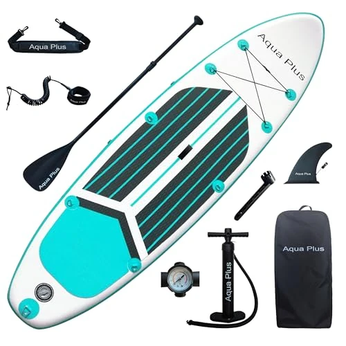 Offerta a tempo: Aqua Plus 15cm Spessore SUP Gonfiabile per Tutti i Livelli di abilità Tavola da Paddle in Piedi, pagaia, Pompa, ISUP Zaino da Viaggio, guinzaglio, Tracolla - 35% da 199.99 € a 130.84 €
