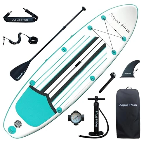 Aqua Plus 6inches Thick Inflatable SUP for All Skill Levels Stand Up Paddle Board,Paddle,Double Action Pump,ISUP Travel Backpack, Leash,Shoulder Strap,Youth,Adult Inflatable Paddle Board