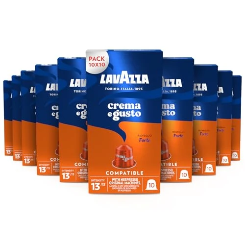 Offerta a tempo: Lavazza, Crema e Gusto Forte, 100 Capsule in Alluminio Compatibili con Macchine Nespresso Original, con Note di Cacao e Legno, Arabica e Robusta, Intensità 13/13, Tostatura Scura, 10 Confezioni - 11% da 31.49 € a 27.99 €