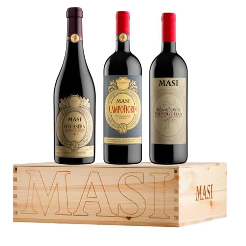 Emballage exclusif "Masi Iconiques" | COSTASERA 2018 Amarone Classico DOCG, CAMPOFIORIN 2020 Rosso Verona IGT, BONACOSTA 2022 Valpolicella Classico DOC | 3X750 ml | Emballage en bois