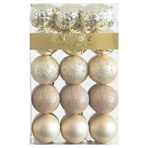 Christmas Bauble Ornaments Decorations Unbreakable Table Centerpieces with Hooks for Trees, Party, Holiday (6cm, Champagne)