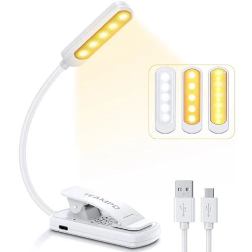 TEAMPD Luce da lettura a 10 LED, 3 colori luminosi che proteggono gli occhi, luminosità regolabile, ricaricabile tramite USB, batteria 12H, flessibile con clip per lettura, pittura, viaggi, regalo per