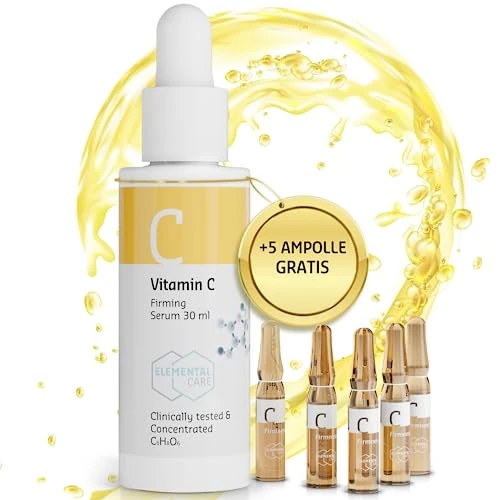 Zestaw do pielęgnacji skóry z witaminą C - serum przeciwstarzeniowe witamina C 30 ml - ampułki z witaminą C 5 x 1,3 ml - serum przeciwzmarszczkowe do twarzy - Skincare Glow Face Care - Natychmiastowy efekt na zmarszczki - usuwa cienie pod oczami - usuwa plamy pigmentowe - prezent dla kobiety