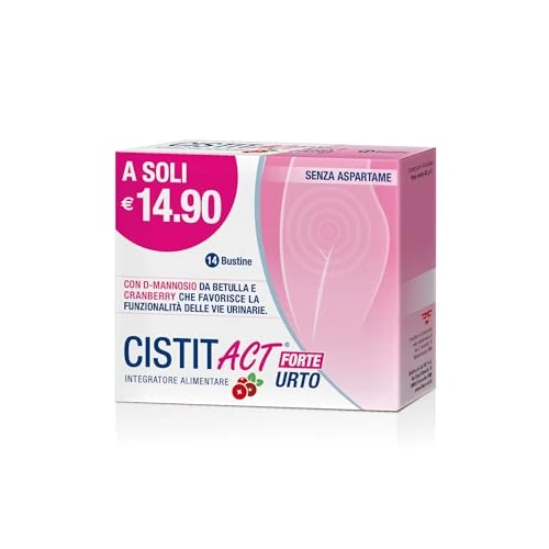Cistit Act Forte Urto, Integratore Alimentare che Favorisce la Funzionalità delle Vie Urinarie, a base di D-Mannosio e Mirtilli Rossi, con Edulcorante, 1 Confezione da 14 Bustine