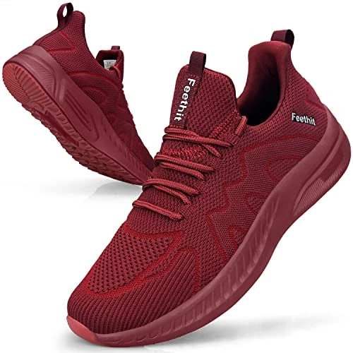 Feethit Trainers Men Running Shoes Tennis Sports Training Walking Gym Athletic Fitness Fashion Sneakers Trainers for Men Breathable Lightweight Comfortable Outdoor Flat Shoes for Jogging Red UK 8
