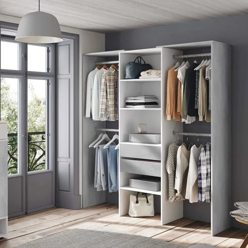 Tijdelijke aanbieding: Dmora Miramar Grote kledingkast, cabineframe, open kast zonder deuren, 179 x 50 x 202 cm, wit en beton, hout van 439.99 € naar 439.99 € (0.00% korting)