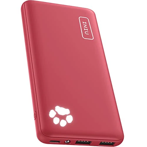 INIU Powerbank, 10.000 mAh, klein maar sterk, USB-C-ingang & output, voor mobiele telefoon, Triple 3A met zaklamp, compatibel met iPhone 13 12 X Pro Max, Samsung S22 S21, Huawei Xiaomi, AirPods, rood