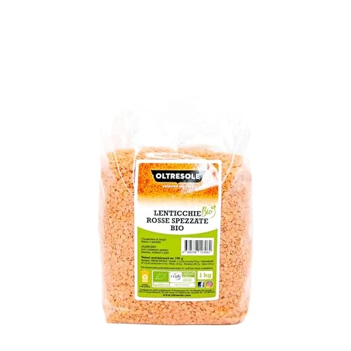 Oltresole, Lentilles rouges fendues biologiques 1 Kg, Légumineuses décortiquées et fendues biologiques, pas de trempage nécessaire, source de protéines et de fibres, idéal pour les familles