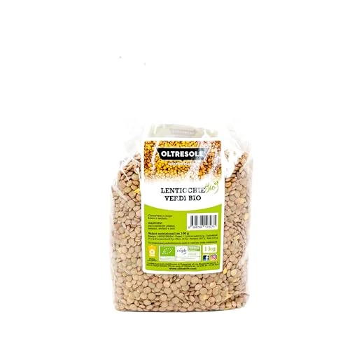 Oltresole, Organic Green Lentils 1 Kg, Organic Whole Dried Legumes, Unhulled, Rich in Fiber and Mineral Salts, Ideal Pack for Families