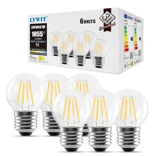 Offerta a tempo: LVWIT Lampadina Filamento LED Attacco E27, 1055 Lumen, 7W Equivalente a Lampadina a Incandescenza da 75W, Forma G45 Retrò, Luce Bianca Calda 2700K, Non Dimmerabile, Confezione da 6 Unità - 15% da 23.99 € a 20.30 €