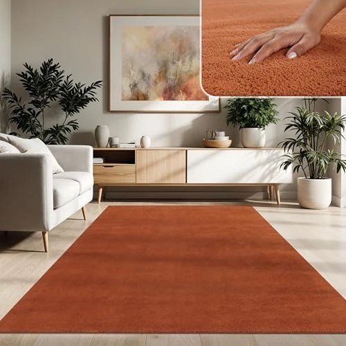 Paco Home Alfombra Moderna y Suave para Salón a Pelo Corto Lavable Fluffy Uni Efecto Piel Intemporal Elegante Antideslizante Fácil de Limpiar, tamaño:140x200 cm, Color:Cobre