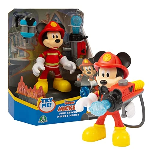 Mickey & Minnie - Figurita de Mickey Mouse Vestido de Bombero, articulada y Mide 15 cm,Contiene Accesorios de Juego como un Casco, una Mochila y Manguera Que dispara Bolas de Agua, Famosa (MCC20000)