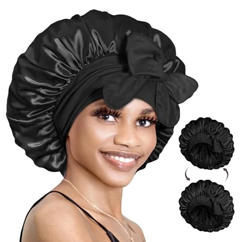 Offerta a tempo: BONNET QUEEN Cuffia Seta Capelli Notte Reversibile Cuffia Capelli Ricci Notte, Doppio Strato Silk Bonnet con Lacci Lunghi Regolabili Protettiva Anti-Crespo, Nero, M - 38% da 15.99 € a 9.99 €