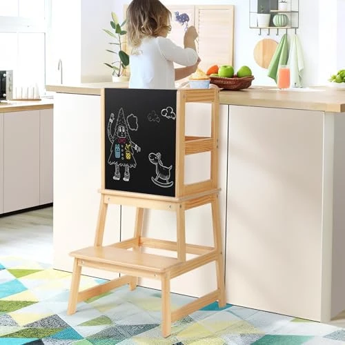 Kids Kitchen Step Stool with Chalkboard and Safety Rail for Toddlers 18 Months and Older, Wooden Tower for Toddlers with Safety Anti-Slip Protection, Removable Step Stool for Adult Use, Natural