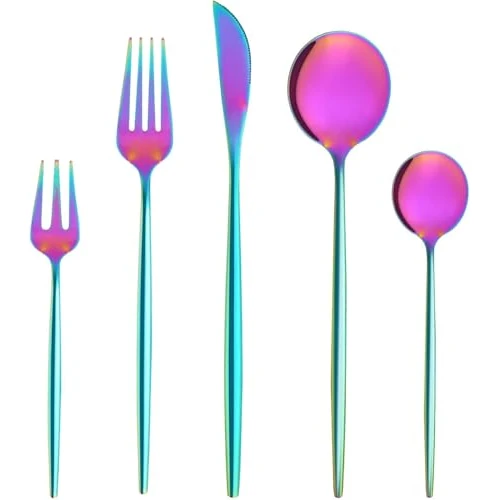 Bestdin rainbow cutlery set 6 people, 30 pieces colorful stainless steel cutlery, cutlery set with knife fork spoon, high quality stainless steel cutlery, dishwasher safe.
