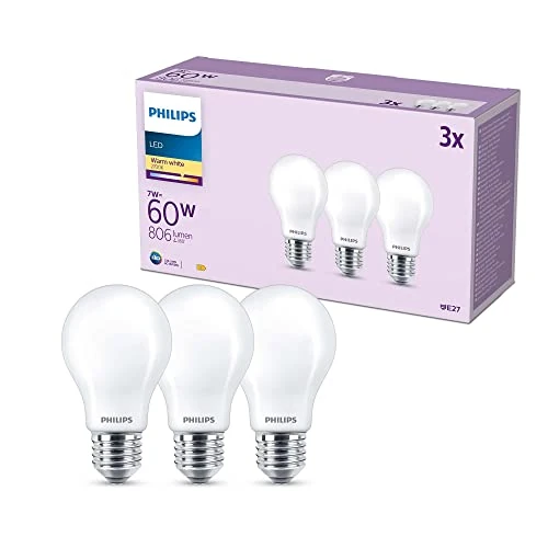 Offerta a tempo: Philips LED E27, confezione da 3 lampadine, equivalente a 60 W, lampadine LED smerigliate, Vetro, Luce Bianca Calda 2700K, LED a risparmio energetico con lunga durata - 16% da 11.99 € a 10.07 €