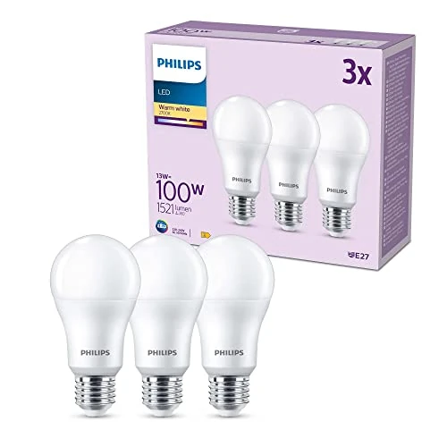 Limited offer: Philips LED Frosted A67 Light Bulb 3 Pack [Warm White 2700K - E27 Edison Screw] 100W, Non Dimmable. for Home Indoor Lighting, Value Range from 9.96 EUR to 6.87 EUR (save 31%)