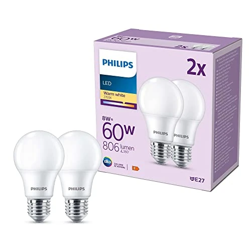 Begrenztes Angebot: Philips LED E27 Lampe ersetzt 60W, warmweißes Licht (2700 Kelvin), 806 Lumen, matt, 2er Pack, Warmweiß von 9.19 EUR auf 9.19 EUR (Rabatt 0%)