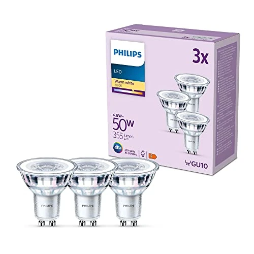 Limited-time offer: PHILIPS LED Classic Spot Light Bulb 3 Pack [Warm White 2700K - GU10] 50W, Non Dimmable. for Home Indoor Lighting, Value Range from 8.99 GBP to 8.99 GBP (save 0%)