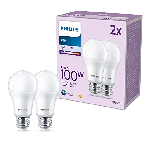 Philips LED E27, confezione da 2 lampadine, equivalente a 100 W, lampadine LED smerigliate, Plastica, Luce Bianca Naturale 4000K, LED a risparmio energetico con lunga durata