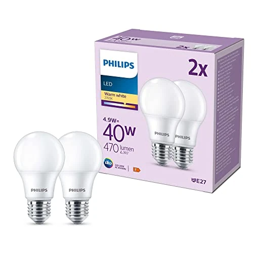 Philips LED Frosted A60 Light Bulb 2 Pack [Warm White 2700K - E27 Edison Screw] 40W, Non Dimmable. for Home Indoor Lighting, Value Range