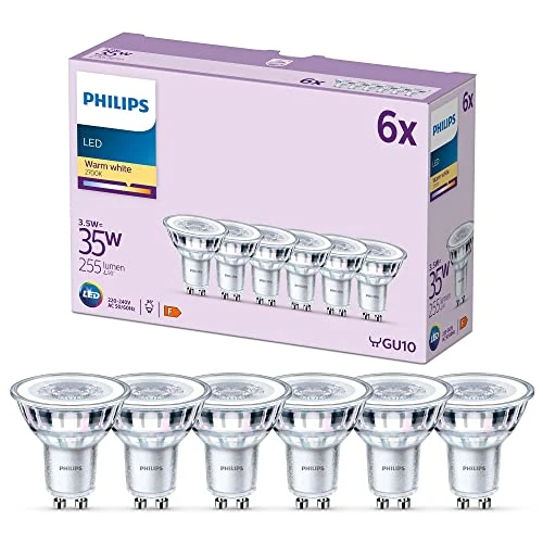 Offre limitee: Philips - Ampoule spot 3,5W (Equivalent 35W) 255 lumens, culot GU10, Lumière Blanc Chaud (2700k) - Pack de 6 Ampoules de 17.49 EUR a 16.61 EUR (economie 5%)