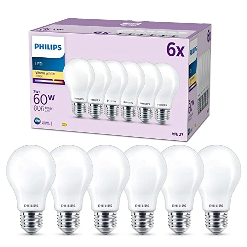 Philips pack de 6 ampoules LED E27, 40W, 2700K, blanc chaud, verre