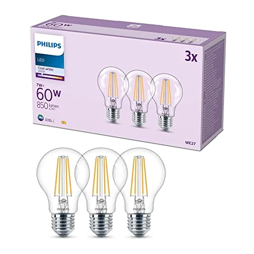 Philips LED Frosted A60 Light Bulb 3 Pack [Cool White 4000K - E27 Edison Screw] 60W, Non Dimmable. for Home Indoor Lighting