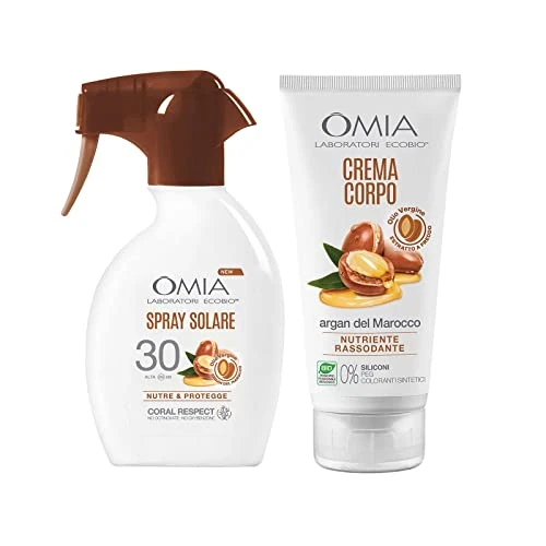 Omia, Solar-Routine mit Solar-Trigger LSF 30 und feuchtigkeitsspendender Körpercreme auf Basis von marokkanischem Argan, feuchtigkeitsspendende Öko-Formel, für trockene und sehr trockene Haut, wasserfester Schutz